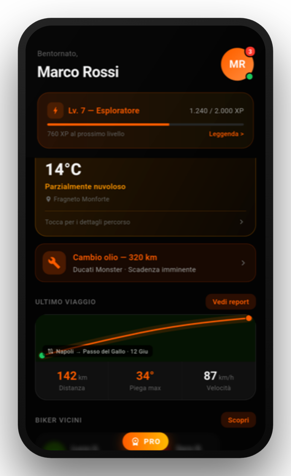 IOBIKER — schermata Home dell'app